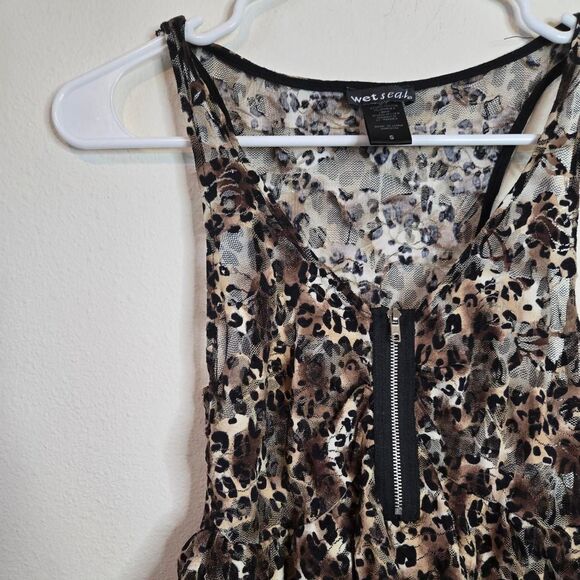 Wet Seal 2000s Y2K Cheetah Animal Sheer Peplum Flare Ruffle Zipper Blouse Small - Picture 2 of 5